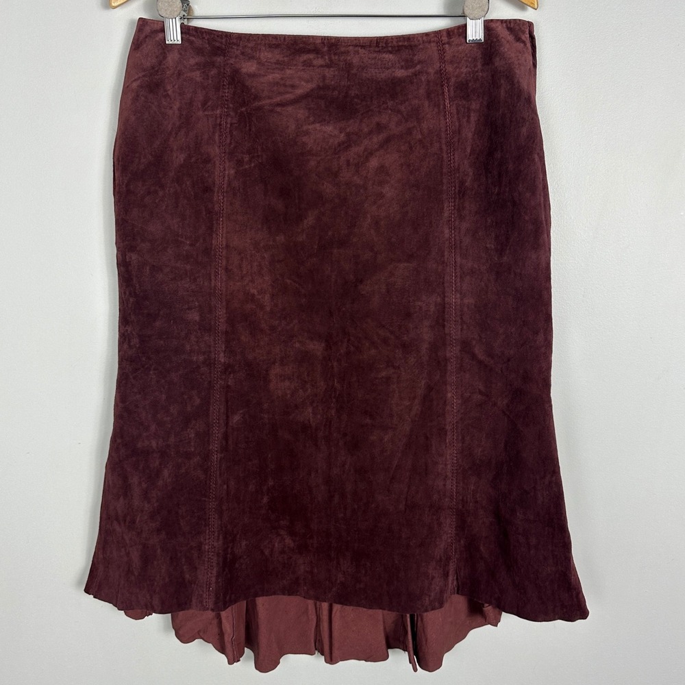 Danier Brown 100% Suede Leather Skirt Womens Size 12 Hi Low Hem‎ Bohemian Boho